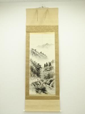 平野翠雪筆　水墨山水　肉筆絹本掛軸（共箱）